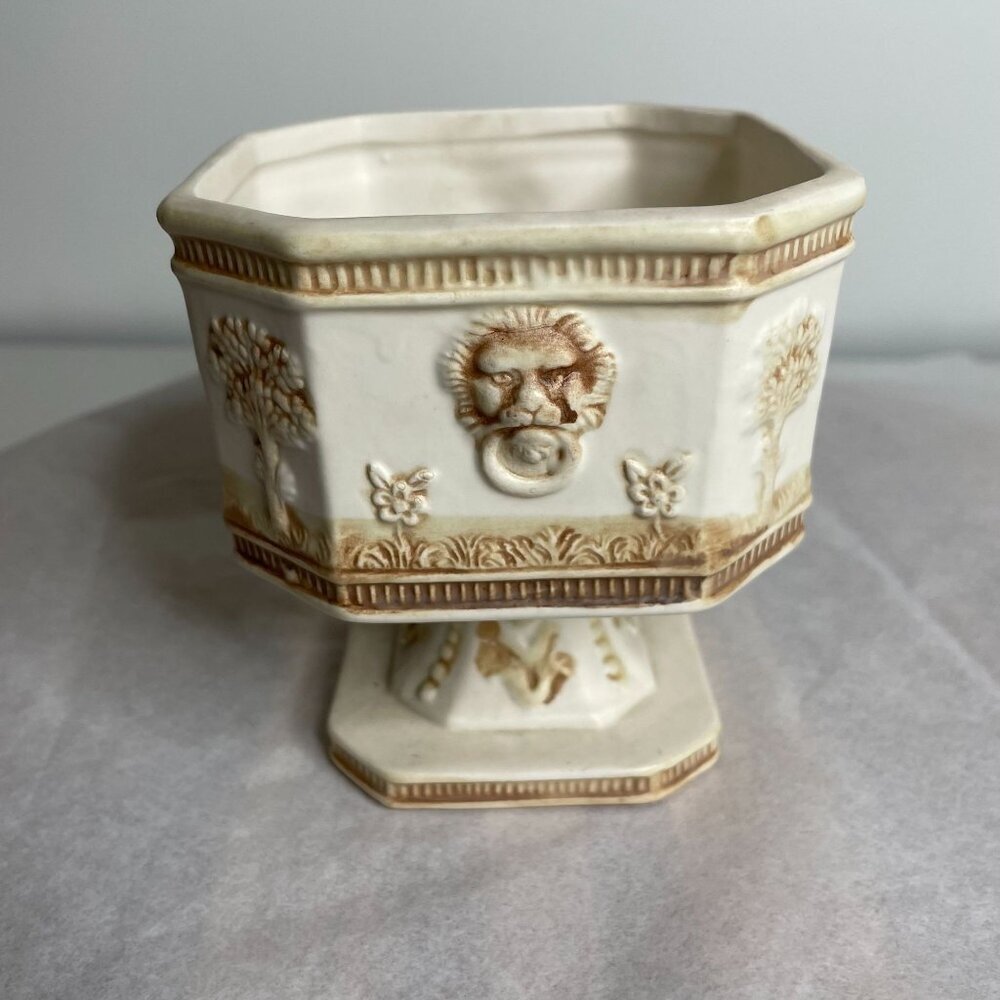 Vintage Norleans Ceramic Octagonal Planter Compote Lion Tree Relief Japan Footed